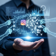 A digital, wireframe hand holds a glowing sphere of light, representing an Instagram account.
