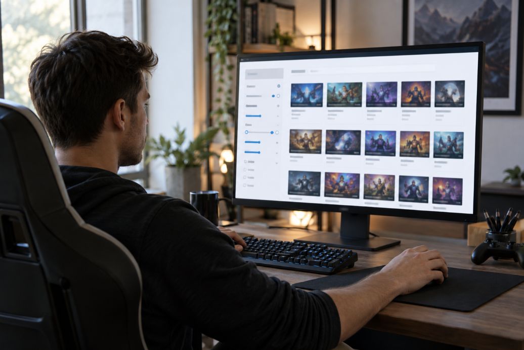 adult gamer browsing a large digital game-account marketplace